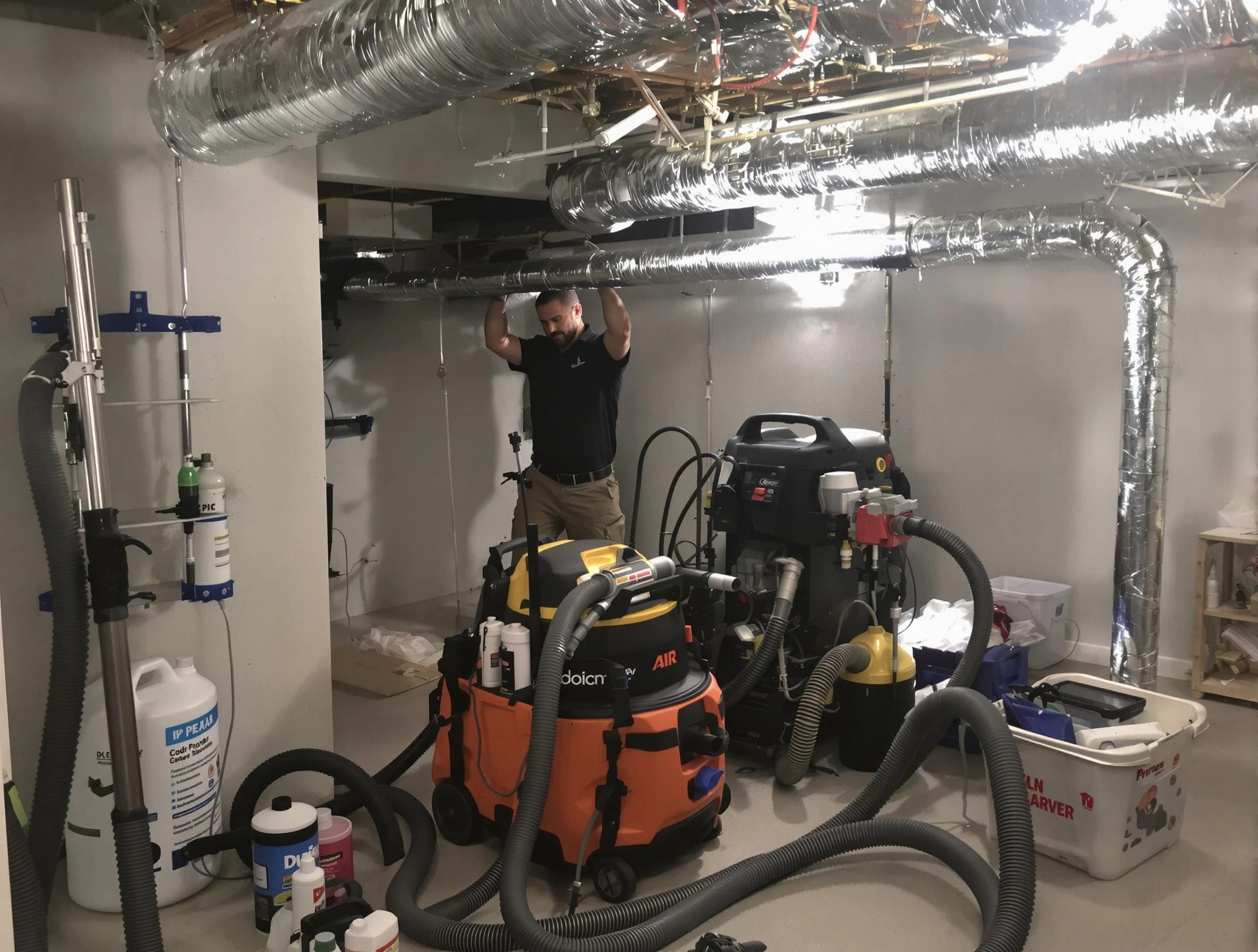 Covington Air Duct Cleaning specialist performing professional mold removal from air ducts using safety equipment in Covington